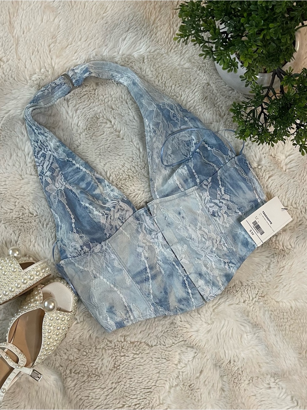 NWT Tic Toc LA Lace Over Denim Halter Corset Top - M